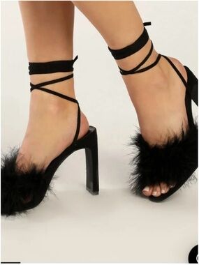 LULUS Women's Black Feather Lace-Up High Heel Sandals